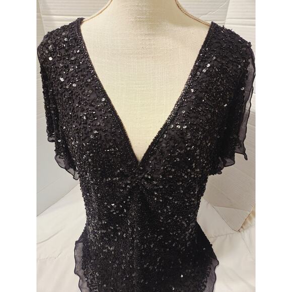 Adrianna Papell Silk Sz M Evening Essentials Black Sequin Cold Shoulder Festive - Picture 1 of 9